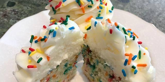 Funfetti Cupcakes: Vanilla cupcake baked with rainbow sprinkles, vanilla buttercream and rainbow sprinkles