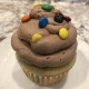 Chocolate Chickadee Cupcake: M&M cupcake with chocolate M&M buttercream and mini M&Ms