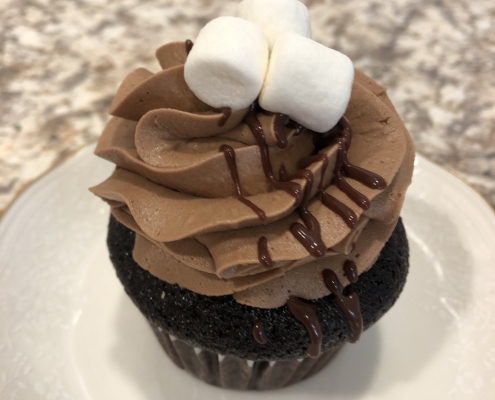 Chocolate Marshmallow Cupcake: Chocolate cake with marshmallow filling, chocolate buttercream, chocolate ganache drizzle and mini marshmallows (nut-free version of Rocky Trails)